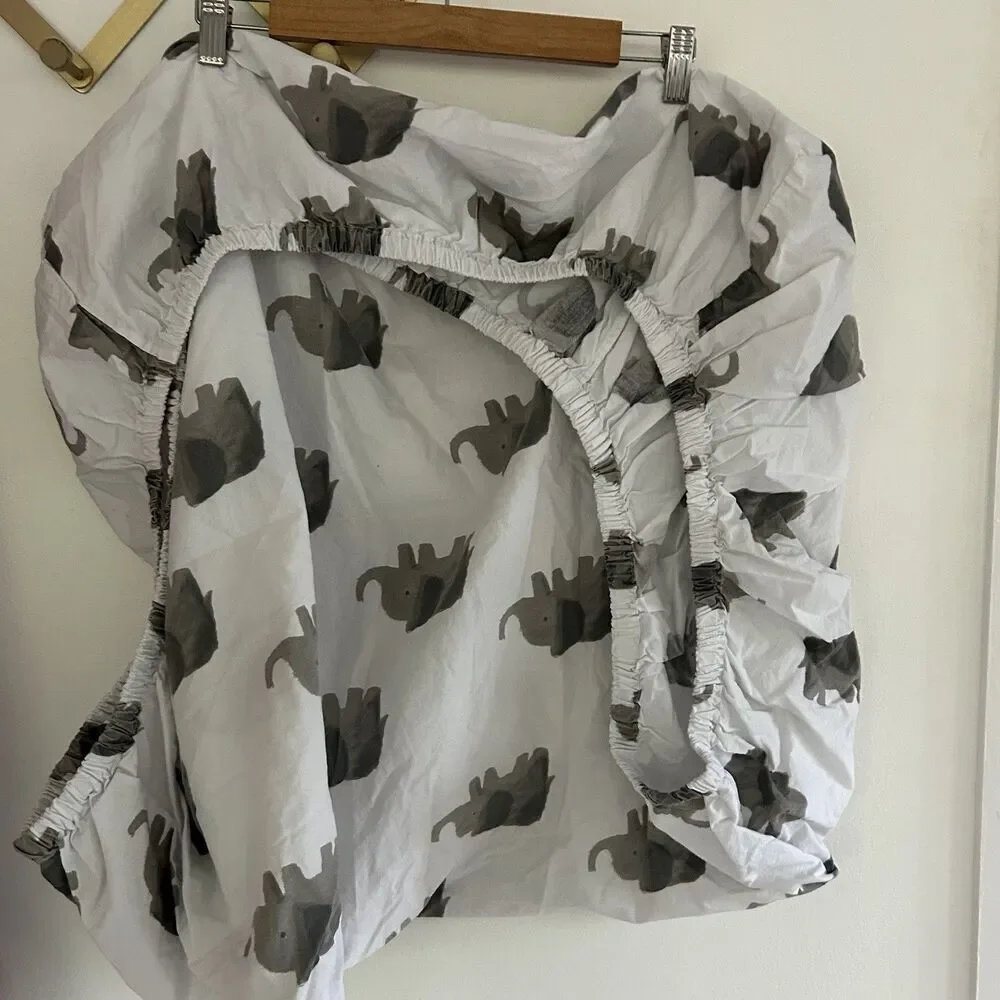 Crate & Barrel Kids Baby Crib Fitted Sheet Elephant Excursion Print 100% Cotton